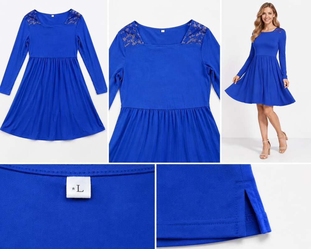 Made by Johnny Women's Royal Blue Long Sleeve Empire Waist Swing, Lace Shoulder